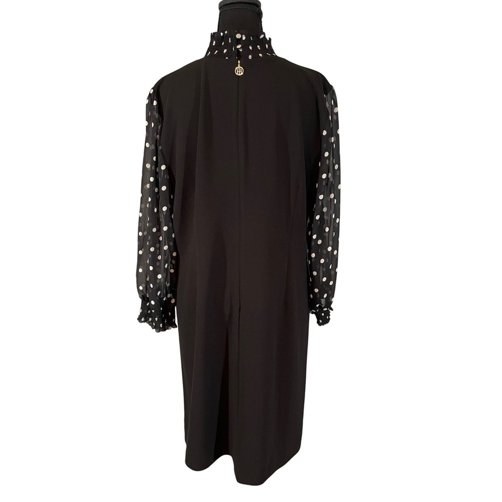 Tommy Hilfiger Black Polka Dot Sheer Sleeve‎ Smocked High Neck Shift Dress Sz 16 - Picture 4 of 7